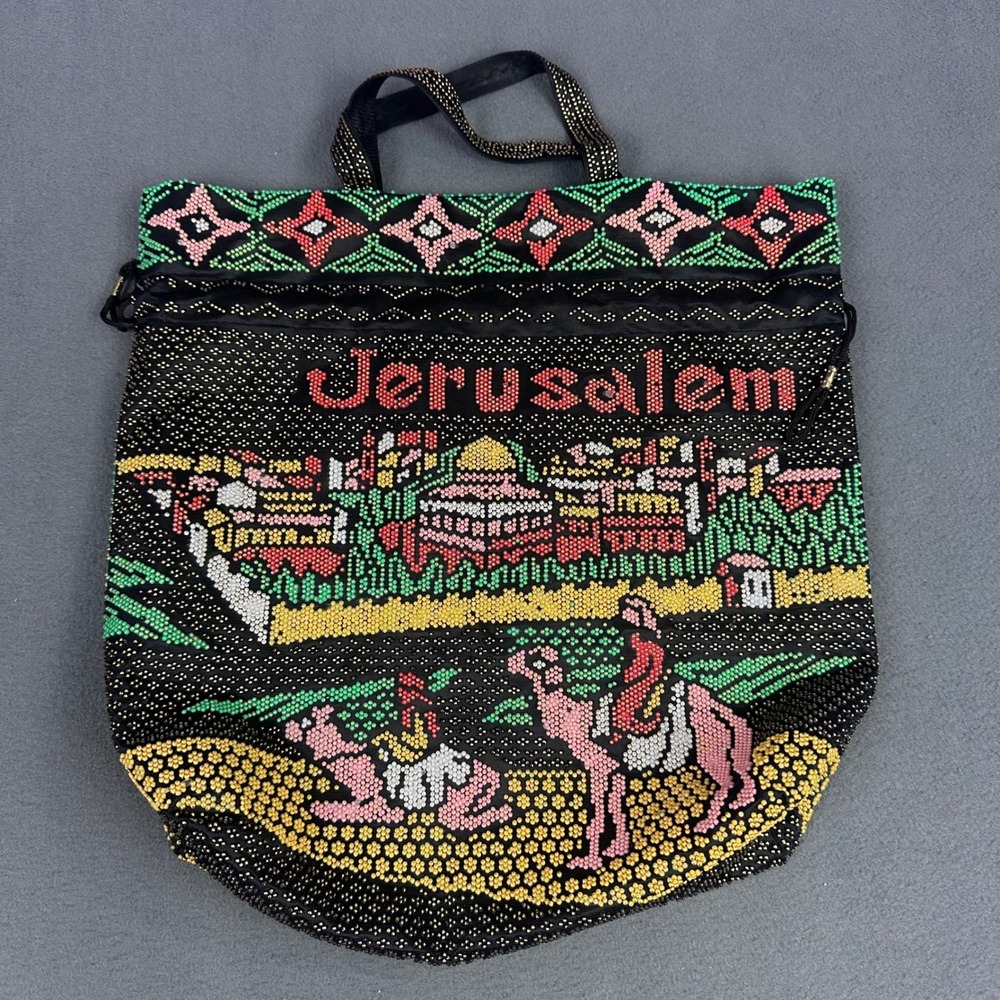 Vintage Jerusalem Beaded Tote Bag Black Souvenir Camel Scene Drawstring Handbag